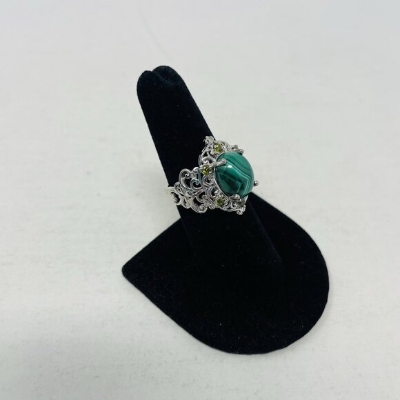 KARIS African Malachite/Simulated Peridot Size 7 Platinum Bond Brass Ring 5118 - Picture 2 of 6